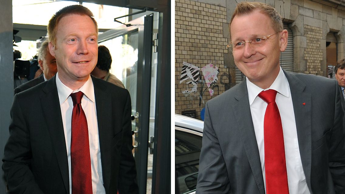Ramelow (r) will mit Blick auf eine mögliche Koalition aus Linken, SPD und Grünen auf das Regierungsamt verzichten. Matschie würde es machen; das wollen die Linken aber nicht.
