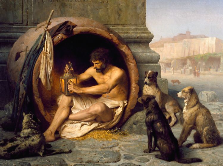 Radikales Umdenken ist notwendig. Diogenes in der Tonne (1860): Ein Mann mit geringen Ansprüchen (Gemälde von Jean-Léon Gérôme).