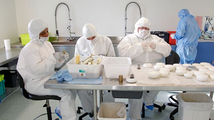 Implantat-Produktion mit medizinischem Silikongel bei Sebbin Laboratories in Boissy-l'Aillerie, nördlich von Paris.