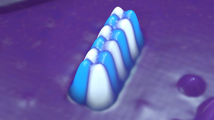 Die Aufnahme mit einem Rastertunnelmikroskop zeigt die Doppelkette aus insgesamt zwölf Eisenatomen. Diese speichern ein Bit.