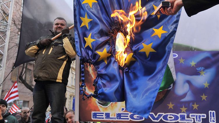 Januar 2012: Mitglieder der rechtsradikalen Jobbik-Partei verbrennen vor der EU-Vertretung in Budapest eine EU-Fahne.