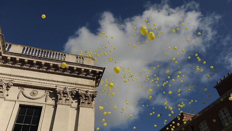 Luftballons mit der Aufschrift "Ja zu Lissabon" über den Dächern von Dublin.