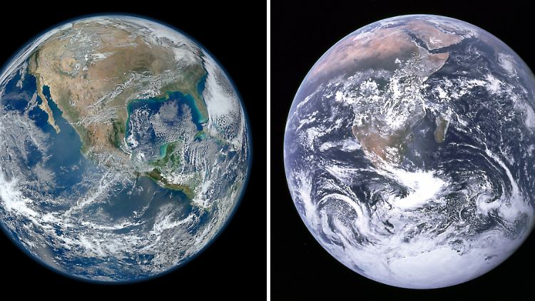 Die Kombo mit zwei von der Nasa veröffentlichten Fotos zeigt die Erde aus dem Weltall: "Die blaue Murmel 2012" (l) und das Foto "Blaue Murmel" aus ähnlicher Perspektive, das 1972 (r) aufgenommen wurde.