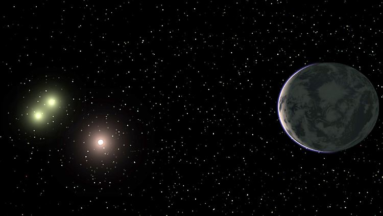 Die Illustration der Universität Göttingen zeigt ein Sternsystem mit drei Zwergsternen. Die nun entdeckte Super-Erde GJ667Cc umkreist den mittleren Zwergstern.