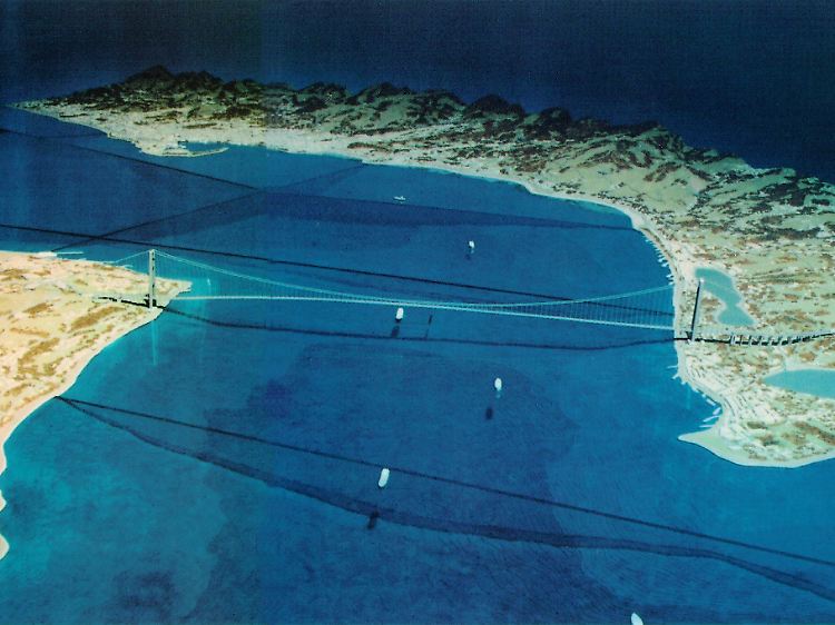 Zeichnung der geplanten Brücke, die Kalabrien und Sizilien über die Straße von Messina verbinden soll.