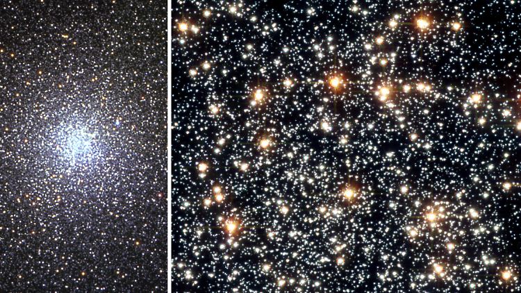 Das mit dem "Hubble"-Weltraumteleskop aufgenommene Bild zeigt den Kugelsternhaufen 47 Tucanae - eine kugelförmige Ansammlung einiger 100.000 Sterne (rechts eine Nahaufnahme). Stoßen zwei Milchstraßensysteme zusammen, kommt es unter den Sternen oft zu einem wahren Babyboom ("Starburst").