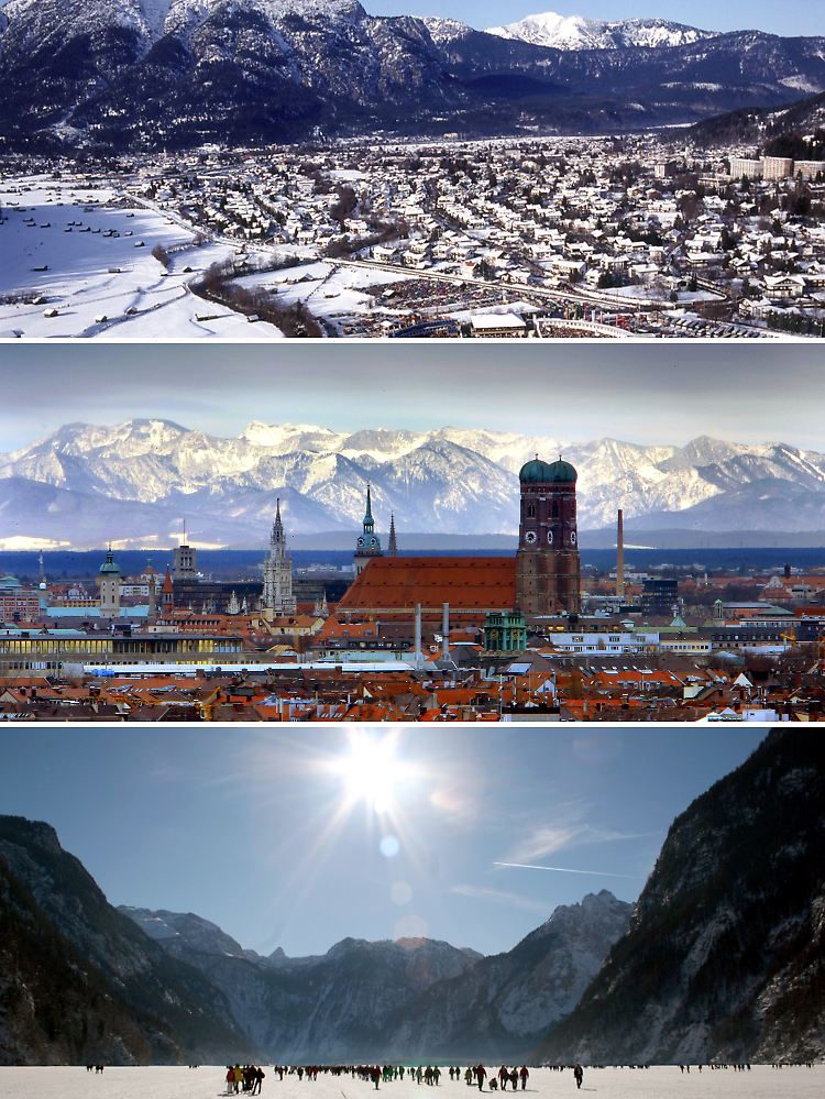 Mit diesem Trio will das Bewerbungskomitee punkten: Garmisch, München, Schönau (von oben nach unten).