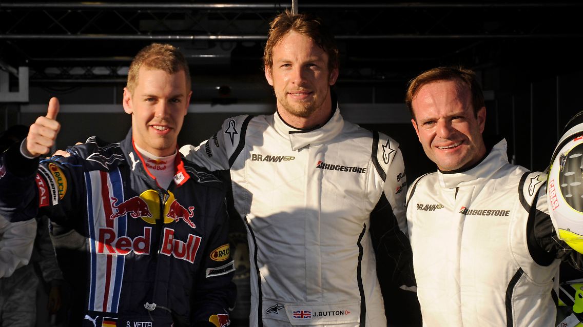 Die drei mit Chancen: Sebastian Vettel (r.), Jenson Button und Rubens Barrichello.