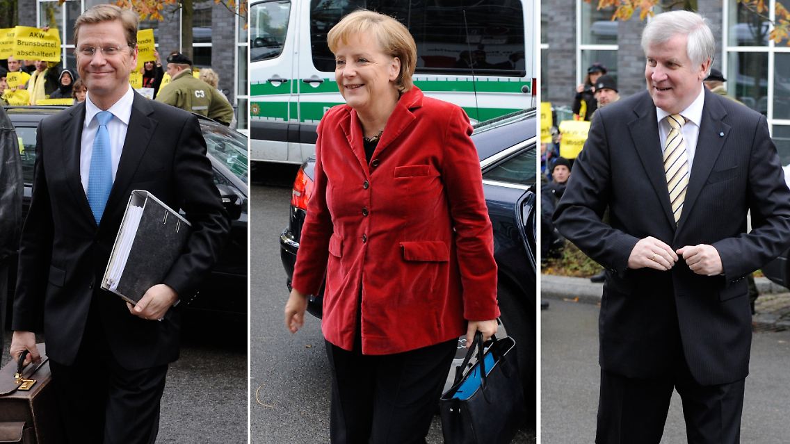 Das dicke Ende kommt zum Schluss: Die Parteichefs Westerwelle, Merkel und Seehofer vertagen die Finanzfragen auf Mittwoch.