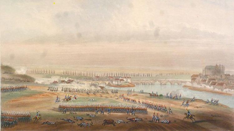 Die Schlacht von Montereau am 18. Februar 1814, auf einem Gemälde von Adolphe Rouargue.