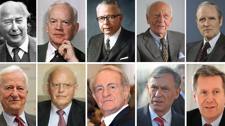 Die bisherigen Bundespräsidenten (l-r) Heuss (1949-1959), Lübke (1959-1969), Heinemann (1969-1974), Scheel (1974-1979), Carstens (1979-1984), von Weizsäcker (1984-1994), Herzog (1994-1999), Rau (1999-2004), Köhler (2004-2010), Wulff (2010-2012)