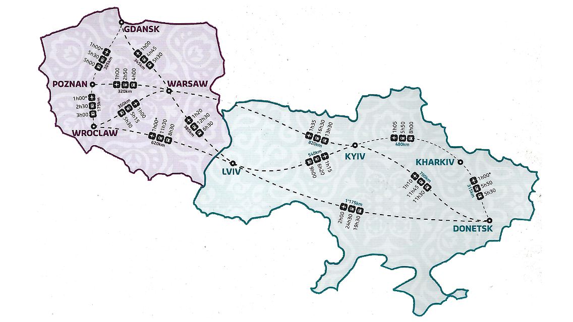 Die EM 2012 wird für Fans und Mannschaften das Turnier der langen Wege. Dargestellt sind die Entfernungen zwischen den Spielorten und die jeweiligen Reisezeiten per Flugzeug, Bahn und Bus.