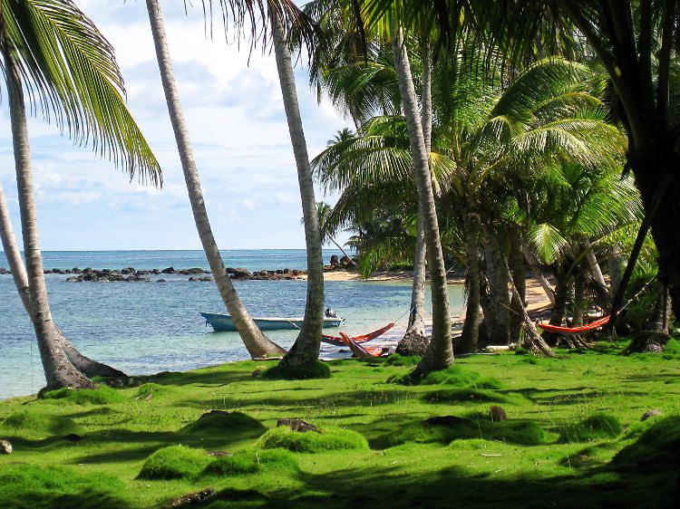 Über dichten grünen Rasen zum Strand: Little Corn Island bietet Urlaubern Entspannung ohne Autoverkehr.
