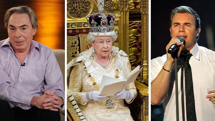 Andrew Lloyd Webber (l) und Gary Barlow wollen ihre Queen mit einer Hymne ehren.