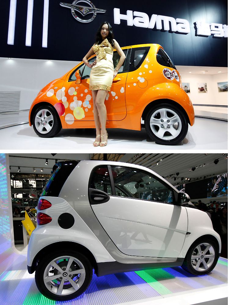 Designklau am laufenden Band. Original oder Fälschung? Oben der China-Smart von Haima Me Car, unten das Original von Daimler.