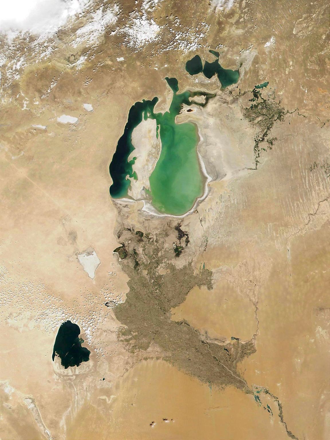 Der Aralsee - zum Teil in Kasachstan, zum Teil in Usbekistan gelegen – war einst der viertgrößte Binnensee der Erde und so groß wie Irland. (Satellitenbild von August 2001)