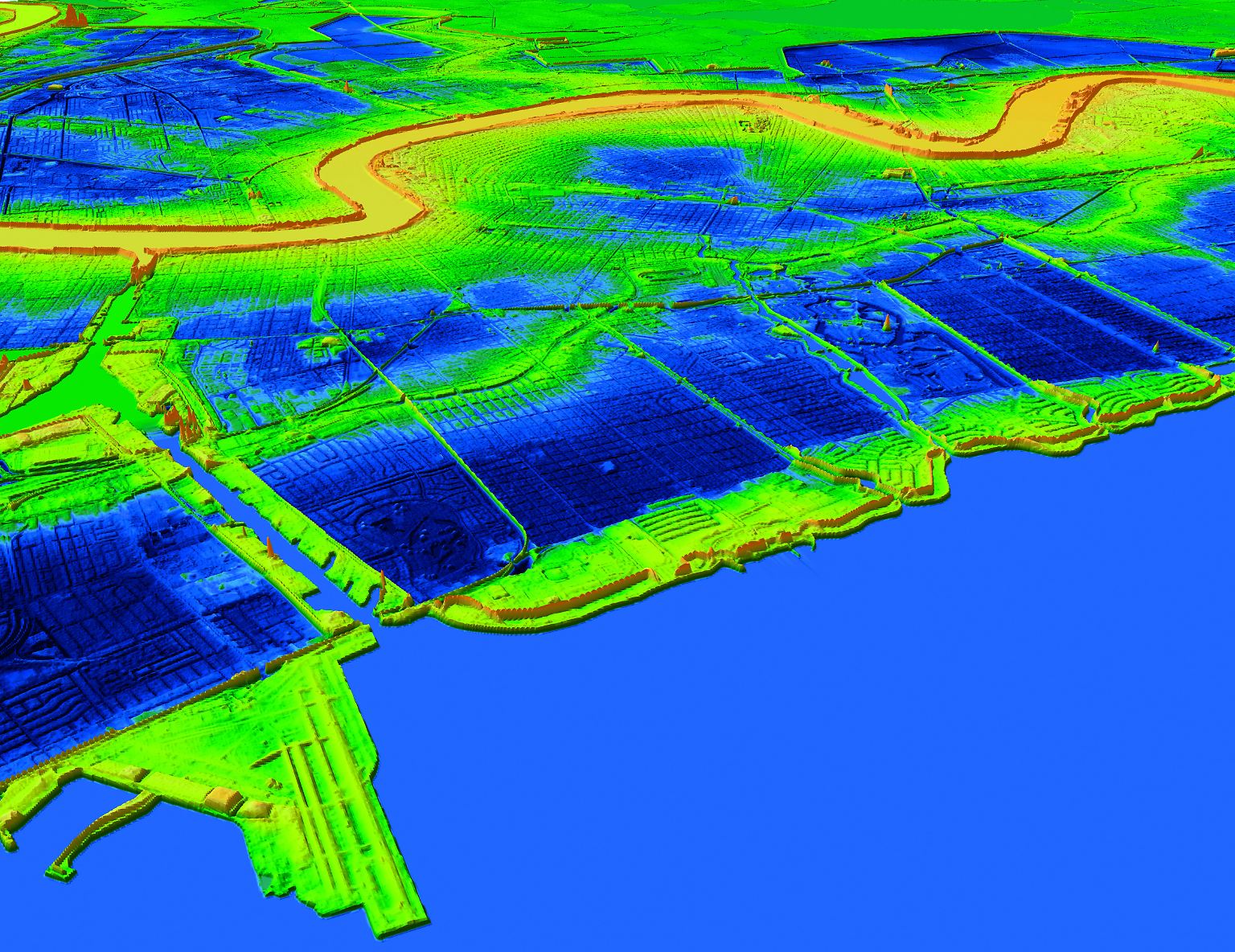 Stadt unter dem Meeresspiegel: Das eingefärbte SRTM-Höhenmodell zeigt die Höhenlagen von New Orleans im Süden der USA. Große Teile der Stadt befinden sich weit unterhalb des Meeresspiegels. Ohne aufwendige bauliche Schutzmaßnahmen wären sie überflutet. Gelbe und grüne Zonen liegen über dem Meeresspiegel, blaue bis zu vier Meter darunter.