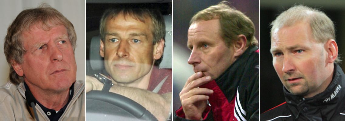 Erich Rutemöller (v.l.), Jürgen Klinsmann, Berti Vogts und Dieter Eilts können Herrlich bestätigen, dass der erfolgreiche Umstieg vom DFB in den Vereinsalltag keine Selbstverständlichkeit ist.