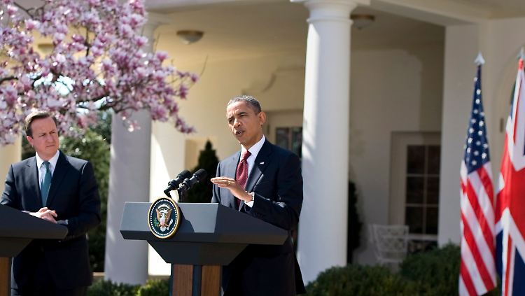 Cameron (l.) und Obama bei der Pressekonferenz im Rosengarten des Weißen Hauses.