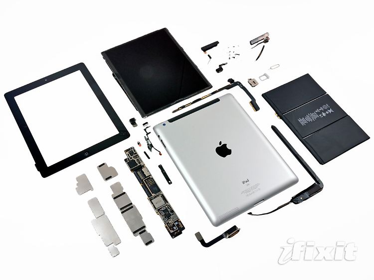 iFixit hat das neue iPad auseinandergenommen. Das dunkelgraue Ding rechts neben der Rückseite ist der riesige Akku, der das iPad zehn Stunden am Leben hält.