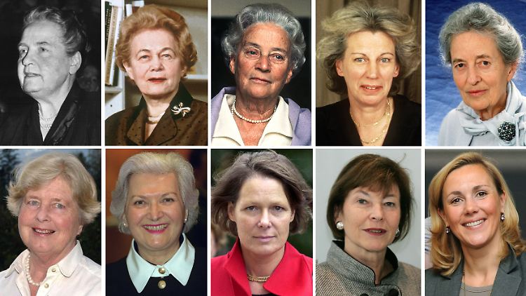 Oben: Elly Heuss-Knapp, Wilhelmine Lübke, Hilda Heinemann, Mildred Scheel und Veronica Carstens (v.l.). Unten: Marianne von Weizsäcker, Christiane Herzog, Christina Rau, Eva Luise Köhler und Bettina Wulff.