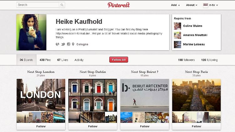 Tausend Anwedungsgebiete: Journalistin und Reisebloggerin Heike Kaufbold nutzt Pinterest auch als Alternative zum Reiseführer. (Screenshot: n-tv)
