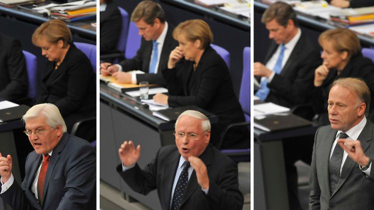 Steinmeier, Lafontaine und Trittin antworten auf Merkels Regierungserklärung.
