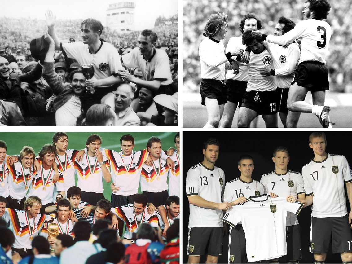 Die WM-Trikots 1954, 1974, 1990 im Vergleich mit den neuen Leibchen.