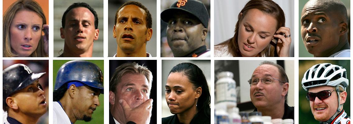 Prominente Dopingsünder (v.l.o): Ekaterini Thanou, Kostas Kenteris, Rio Ferdinand, Barry Bonds, Martina Hingis, Tim Montgomery, Alex Rodriguez, Manny Ramirez, Shane Warne, Marion Jones, BALCO-Chef Victor Conte, Floyd Landis.