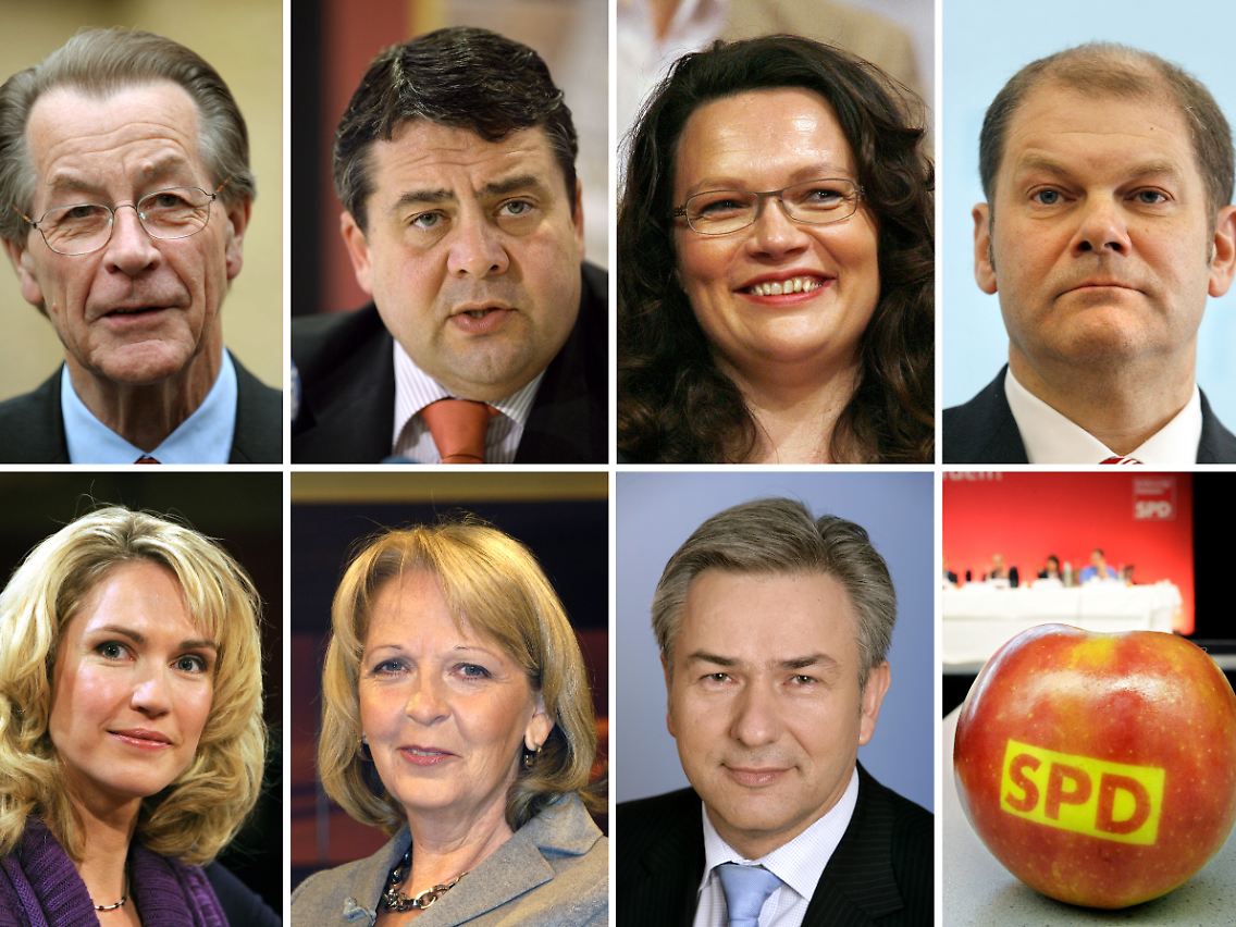 Die SPD will eine neue Führung wählen: (oben l-r) amtierender Vorsitzender Müntefering, designierter Nachfolger Gabriel, designierte Generalsekretärin Nahles, designierter Bundesvize Scholz, (unten l-r) die drei weiteren designierten Vize, Mecklenburg-Vorpommerns Sozialministerin Schwesig, die nordrhein-westfälische SPD-Chefin Kraft und Berlins Regierender Bürgermeister Wowereit.