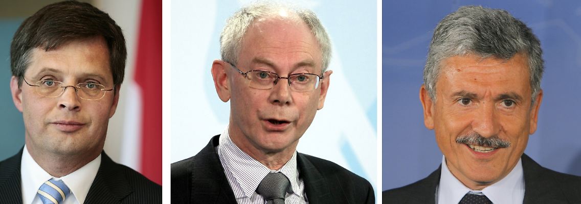 Viele Namen werden für die neue Ratspräsidentschaft genannt, darunter die Regierungschefs der Niederlande und Belgien, Jan Peter Balkenende (l) und Herman van Rompuy (m). Für die Position des EU-"Außenministers" hat der frühere italienische Außenminister Massimo D'Alema gute Karten.