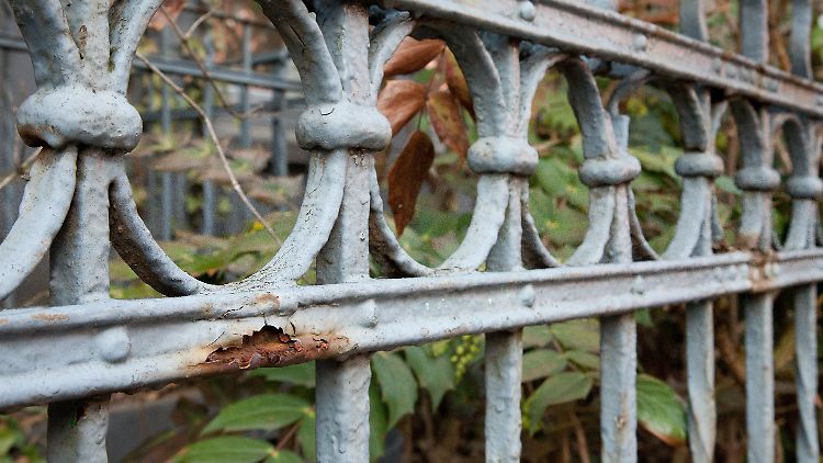 Braune Stellen und abgeplatzter Lack am Zaun: Rost entsteht, wenn ungeschütztes Metall mit Sauerstoff und Feuchtigkeit in Berührung kommt. 