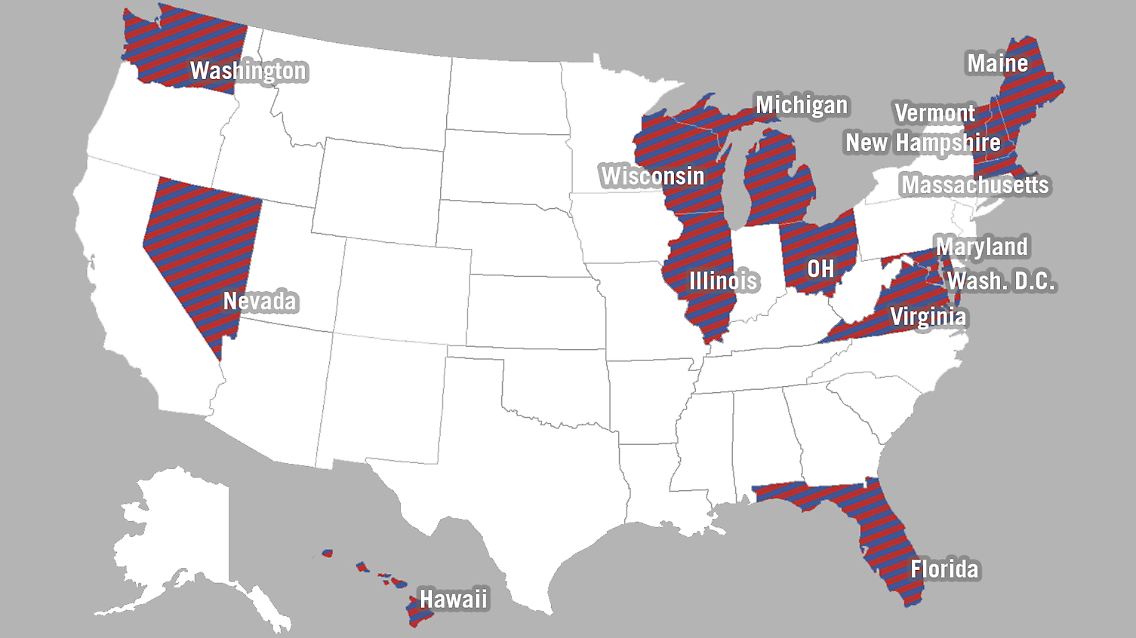 13 Bundesstaaten und die Hauptstadt: Hier gewann 2008 Obama und 2012 Romney.