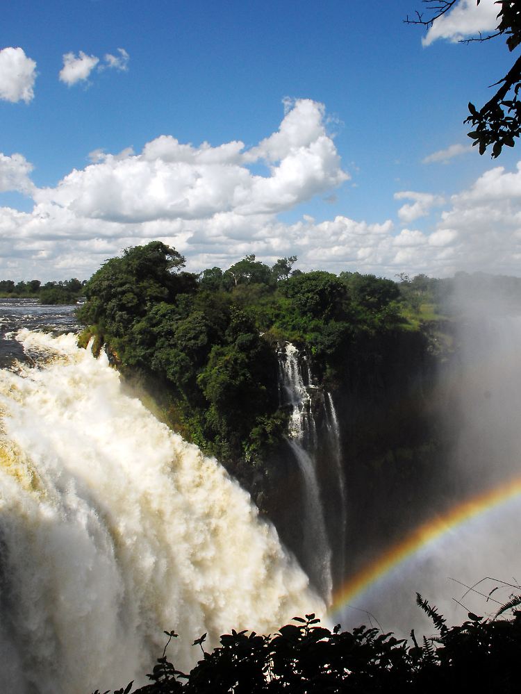 Die Wassermassen des Sambesi-Flusses stürzen in die Schlucht, durch die Gischt entsteht ein Regenbogen. Die Victoriafälle sind das beliebteste Reiseziel in Simbabwe.