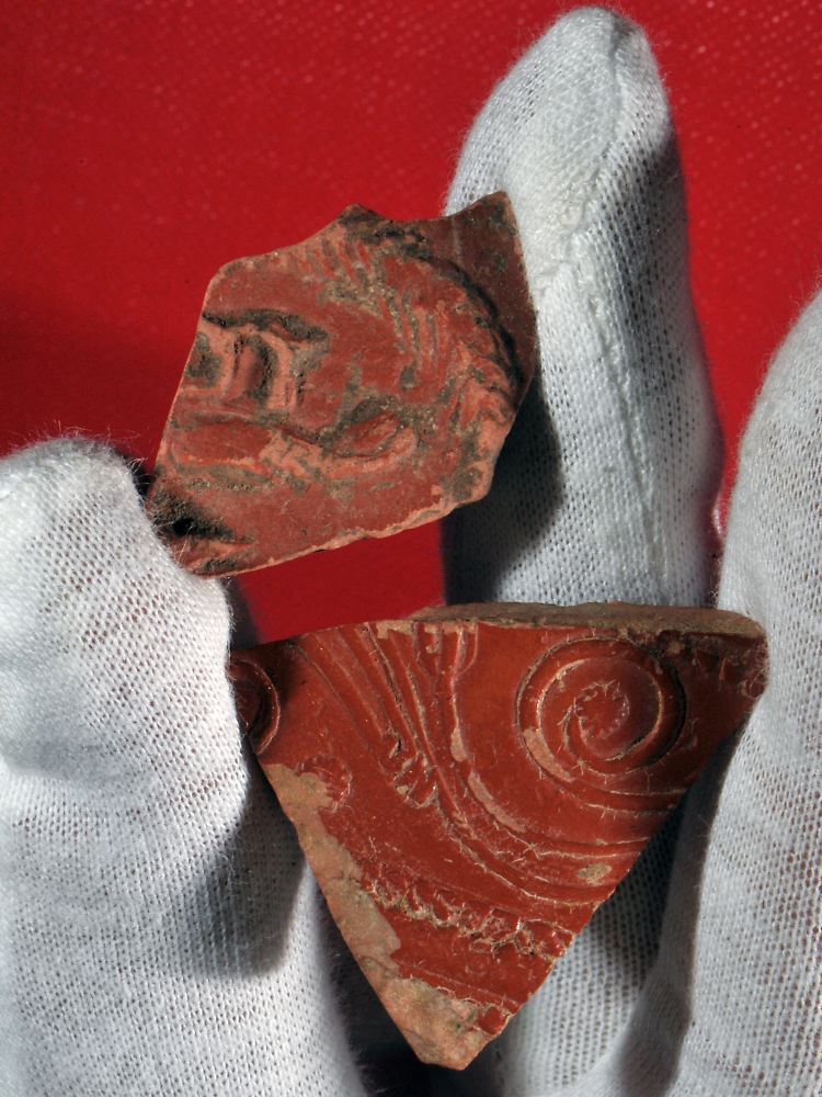 Keramikscherben eines römischen Tafelgeschirrs (Terra Sigillata), die von Jenaer Wissenschaftlern bei Grabungen an der frühen römischen Villa gefunden wurden.