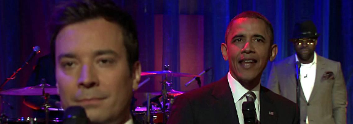 Obama und Jimmy Fallon (vorn) beim "Slow Jam", zusammen mit der Band "The Roots".