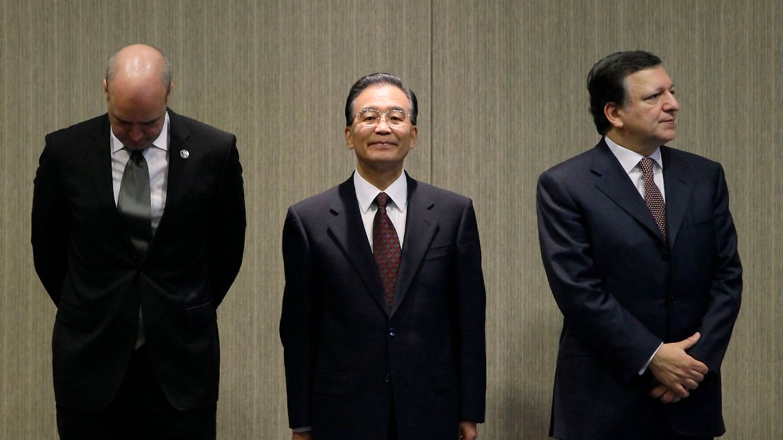 Jeder aus seiner Perspektive: Reinfeldt, Wen und Barroso in Nanjing.