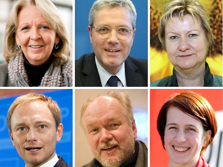 Spitzenkandidaten von links oben nach rechts unten: Kraft, Röttgen, Löhrmann, Lindner, Paul und Schwabedissen.