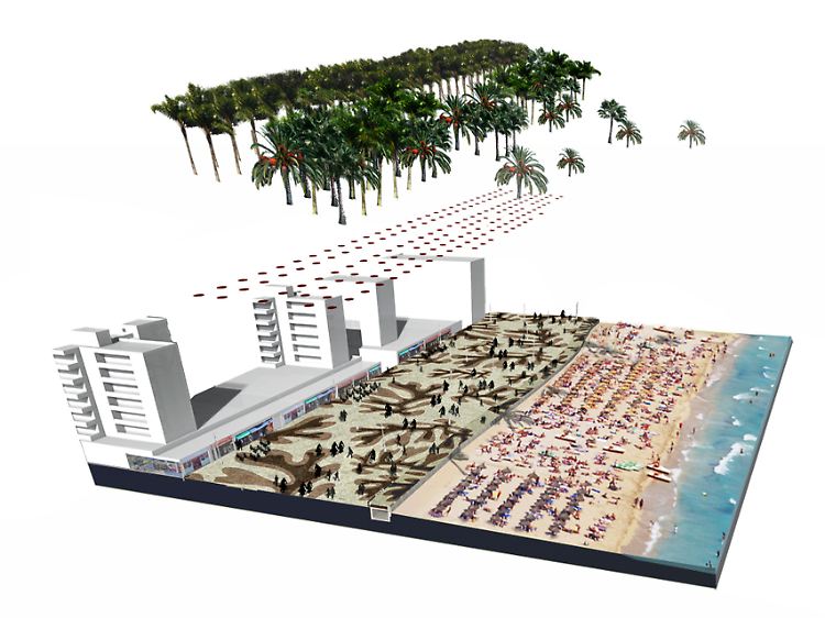 Der sechs Kilometer lange Küstenstreifen soll ein völlig neues Gesicht bekommen. (Fotomontage mit Mosaikboden und Palmenallee am Strand in Palma de Mallorca)