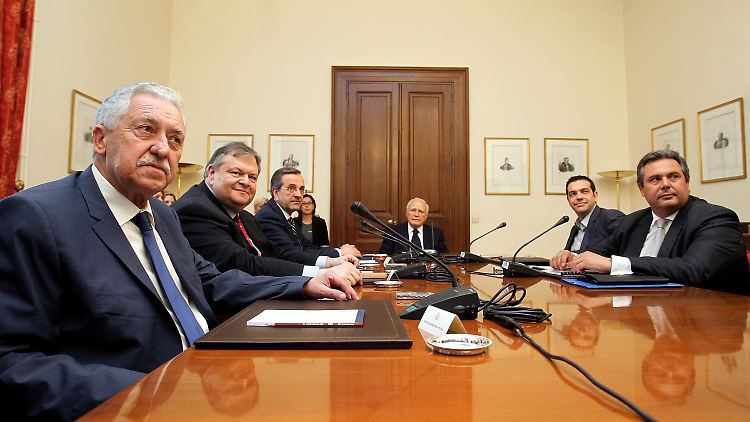 Griechenlands Parteichefs bei Karolos Papoulias. Die sind unfähig, für das Land über ihren Schatten zu springen.
