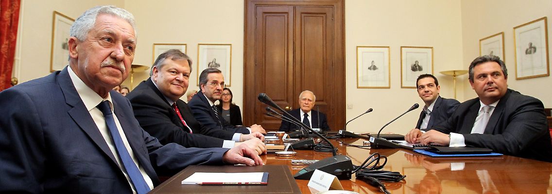Griechenlands Parteichefs bei Karolos Papoulias. Die sind unfähig, für das Land über ihren Schatten zu springen.