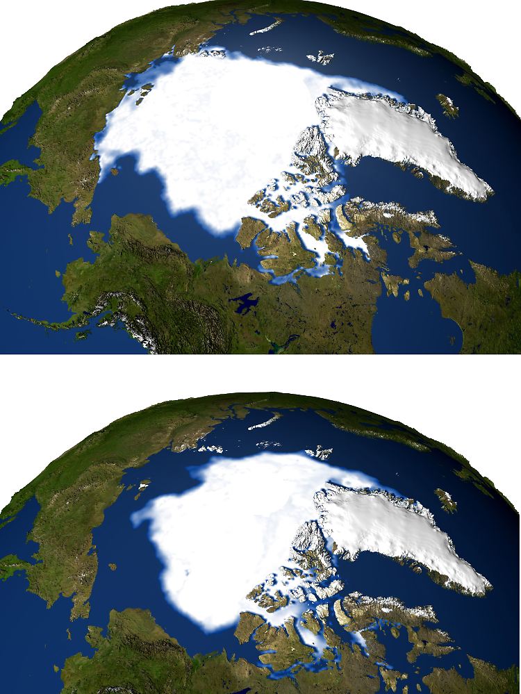 "Fingerabdrücke des Klimawandels": Die Kombination der Satellitenaufnahmen von September 1979 (oben) und September 2005 zeigt das Schmelzen der Eisfläche am Nordpol.