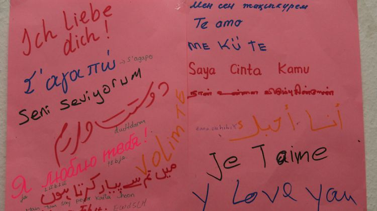In ihren Muttersprachen haben Frauen in einem Integrationskurs die Wörter "Ich liebe dich" geschrieben. Seit Anfang 2005 gilt das Zuwanderungsgesetz, dessen Kern Integrationskurse bilden.