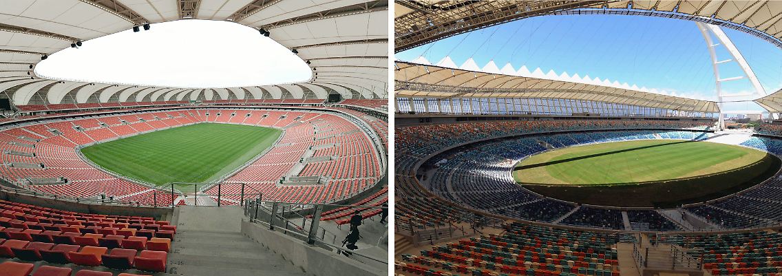 Die WM-Stadien Nelson Mandela Bay Stadion in Port Elizabeth und Moses Mabhida Stadion in Durban (von links).