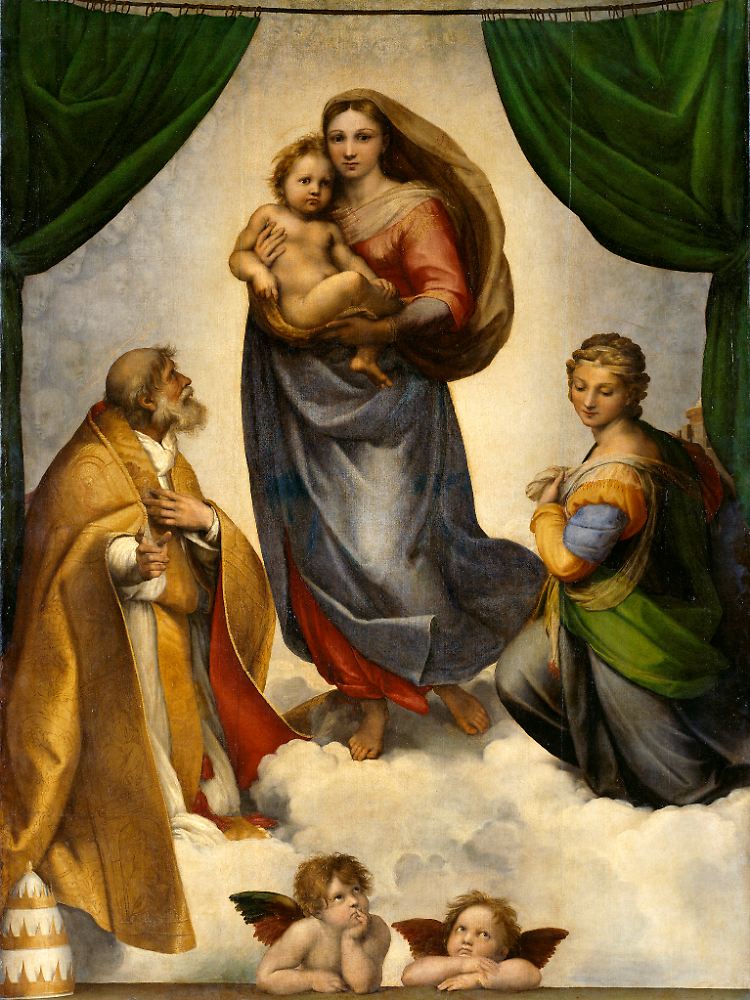 "Die Sixtinische Madonna" von Raffael (Raffaelo Santi); Öl auf Leinwand 281 x 426 Zentimeter.