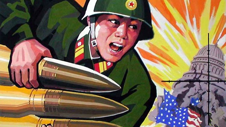Auf diesem Propaganda-Poster richtet ein nordkoreanischer Soldat Raketen auf das Capitol in Washington.