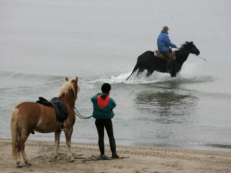 Zwei Reiterinnen am Timmendorfer Strand (Ostsee).