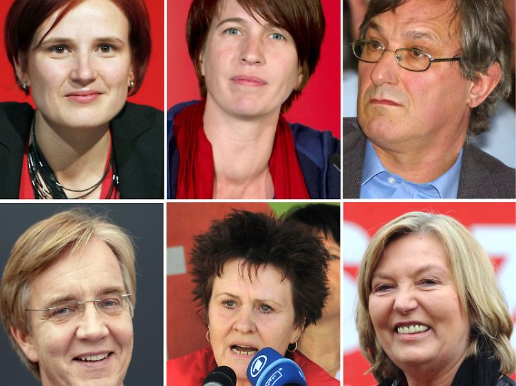 Die Kandidaten mit Chance: (v.l. n.r.) Kipping, Schwabedissen, Riexinger, Bartsch, Zimmermann, Heyenn.