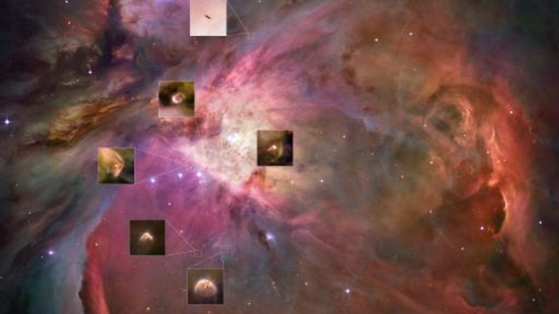 Hier sind einige der neu entstehenden Planetensysteme im Orionnebel erkennbar.