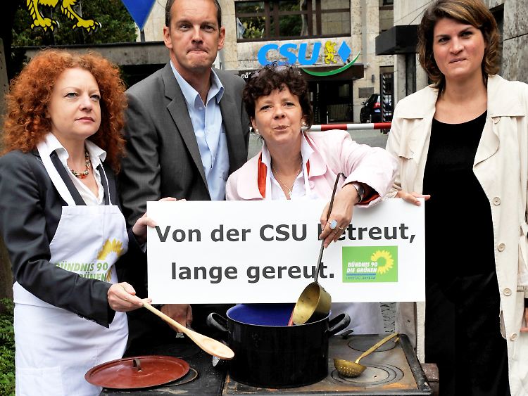 Grünen-Abgeordnete aus dem bayerischen Landtag zeigen bei einer Aktion vor der CSU-Zentrale, was sie von der Herdprämie halten.